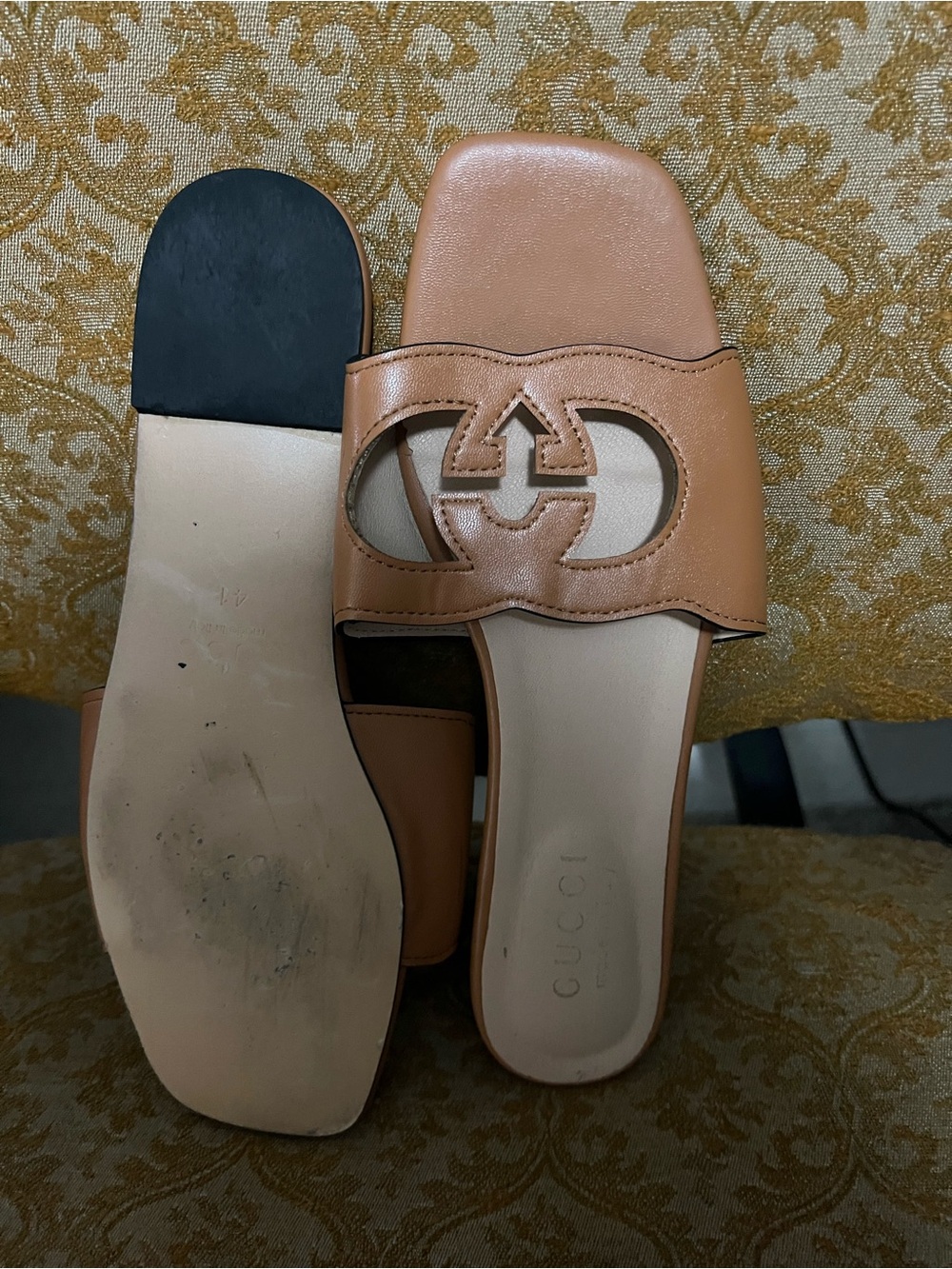 Women's Tan Leather Slide Sandals